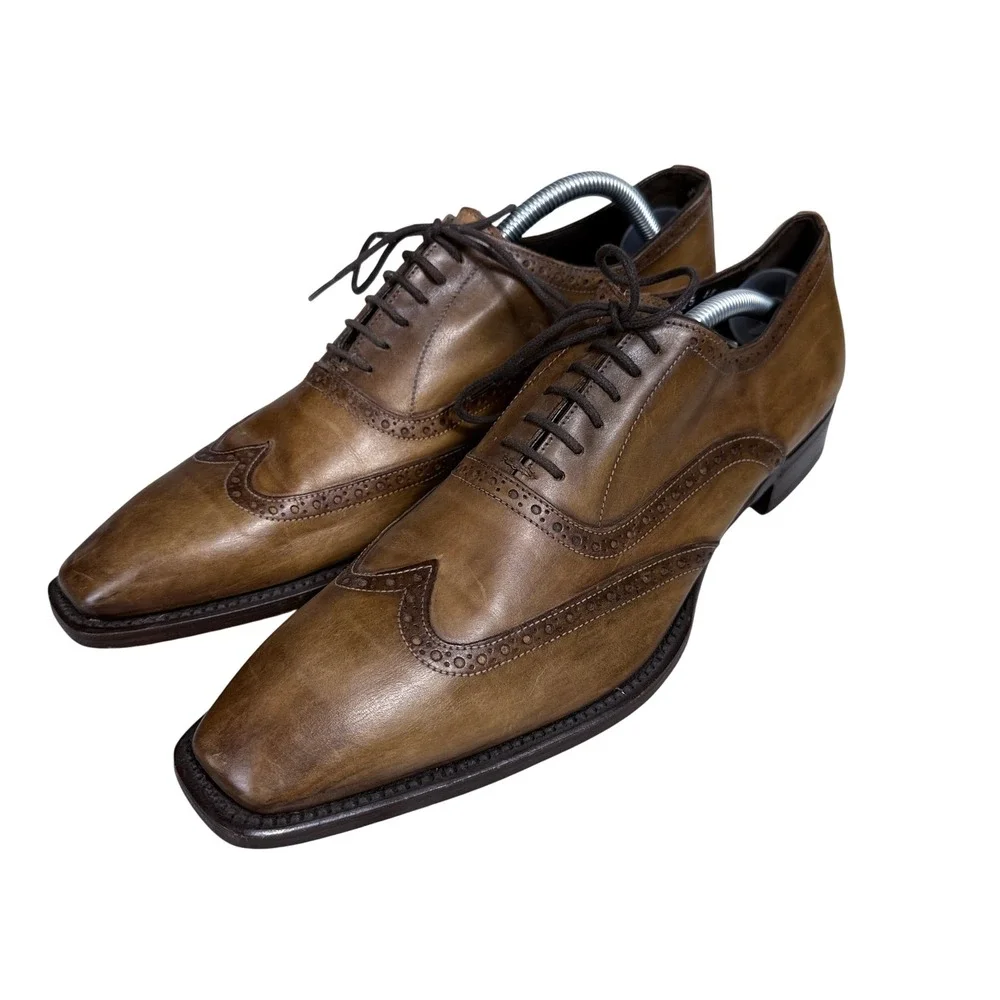 Antonio Maurizi Wingtip Oxford Mens 42 Brown Leather Brogue Chisel Toe Italy